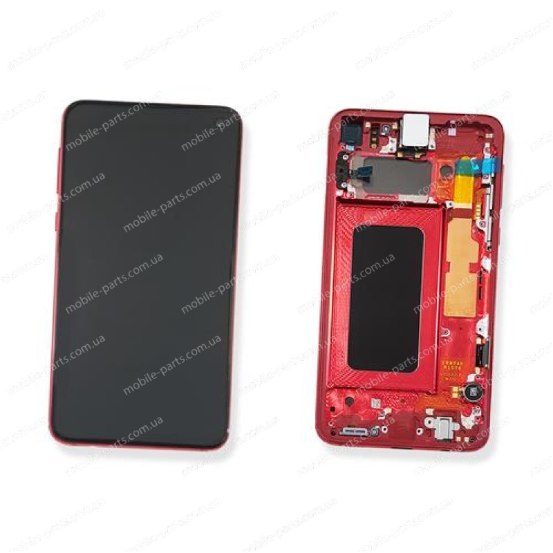 Оригинальный дисплей Dynamic AMOLED 5,8" в сборе с сенсором и металлической рамкой для Samsung SM-G970 Galaxy S10e Cardinal Red (дисплей черный, боковая грань красная)