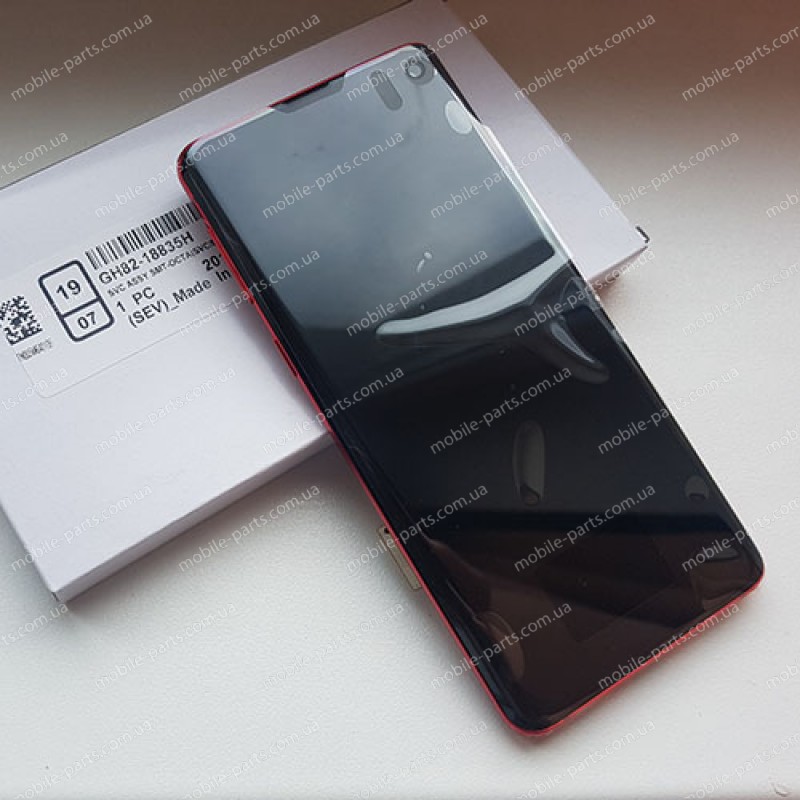 Оригинальный дисплей 6,1" Dynamic AMOLED в сборе с металлической рамкой и сенсором для Samsung SM-G973 Galaxy S10 Cardinal Red (дисплейный черный, грани красные)