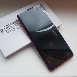 Оригинальный дисплей 6,1" Dynamic AMOLED в сборе с металлической рамкой и сенсором для Samsung SM-G973 Galaxy S10 Cardinal Red (дисплейный черный, грани красные)