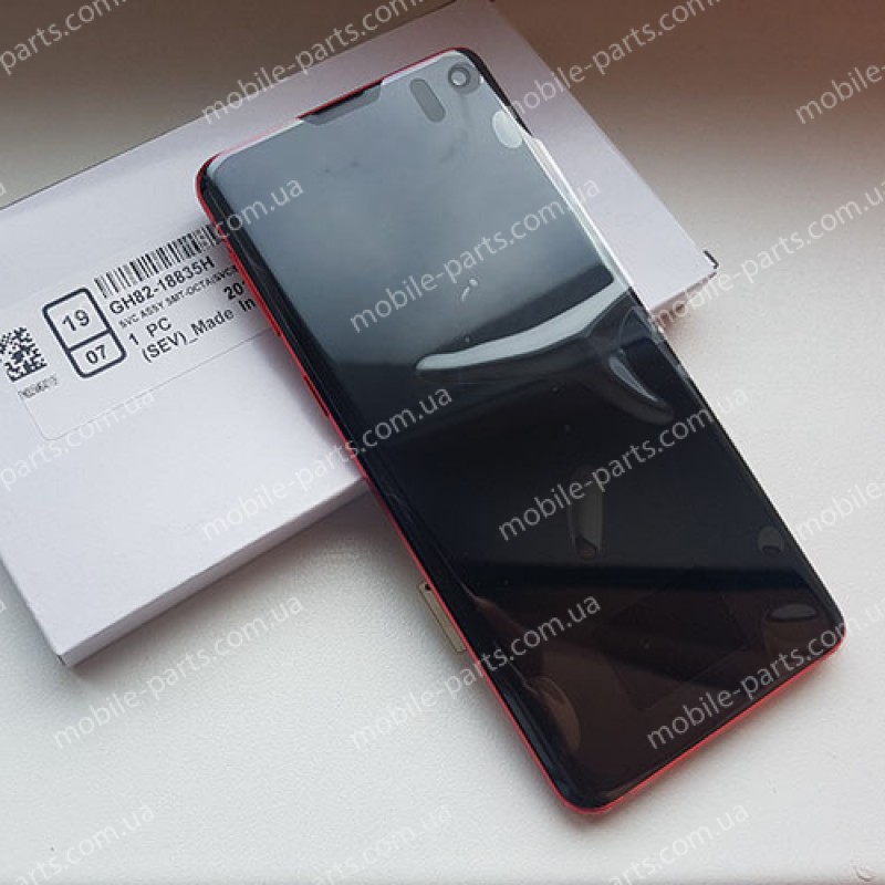 Оригинальный дисплей 6,1" Dynamic AMOLED в сборе с металлической рамкой и сенсором для Samsung SM-G973 Galaxy S10 Cardinal Red (дисплейный черный, грани красные)
