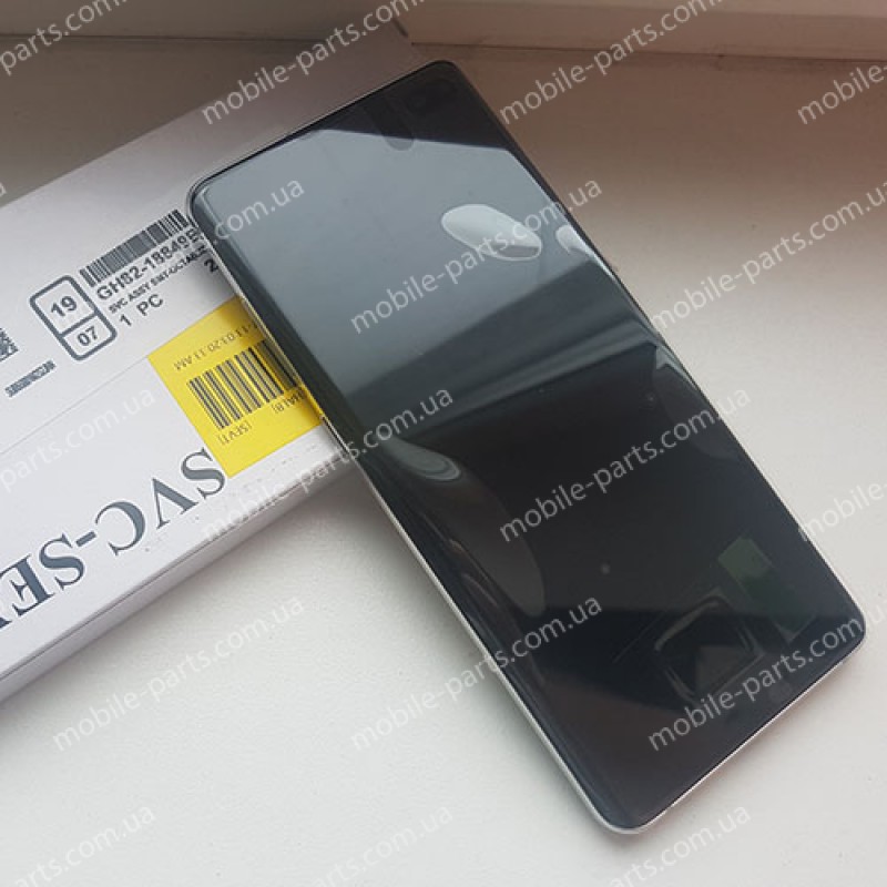 Оригинальный дисплей 6,4" Dynamic AMOLED в сборе с металлической рамкой и сенсором для Samsung SM-G975 Galaxy S10 Plus Prism White (дисплейный черный, грани светлые)